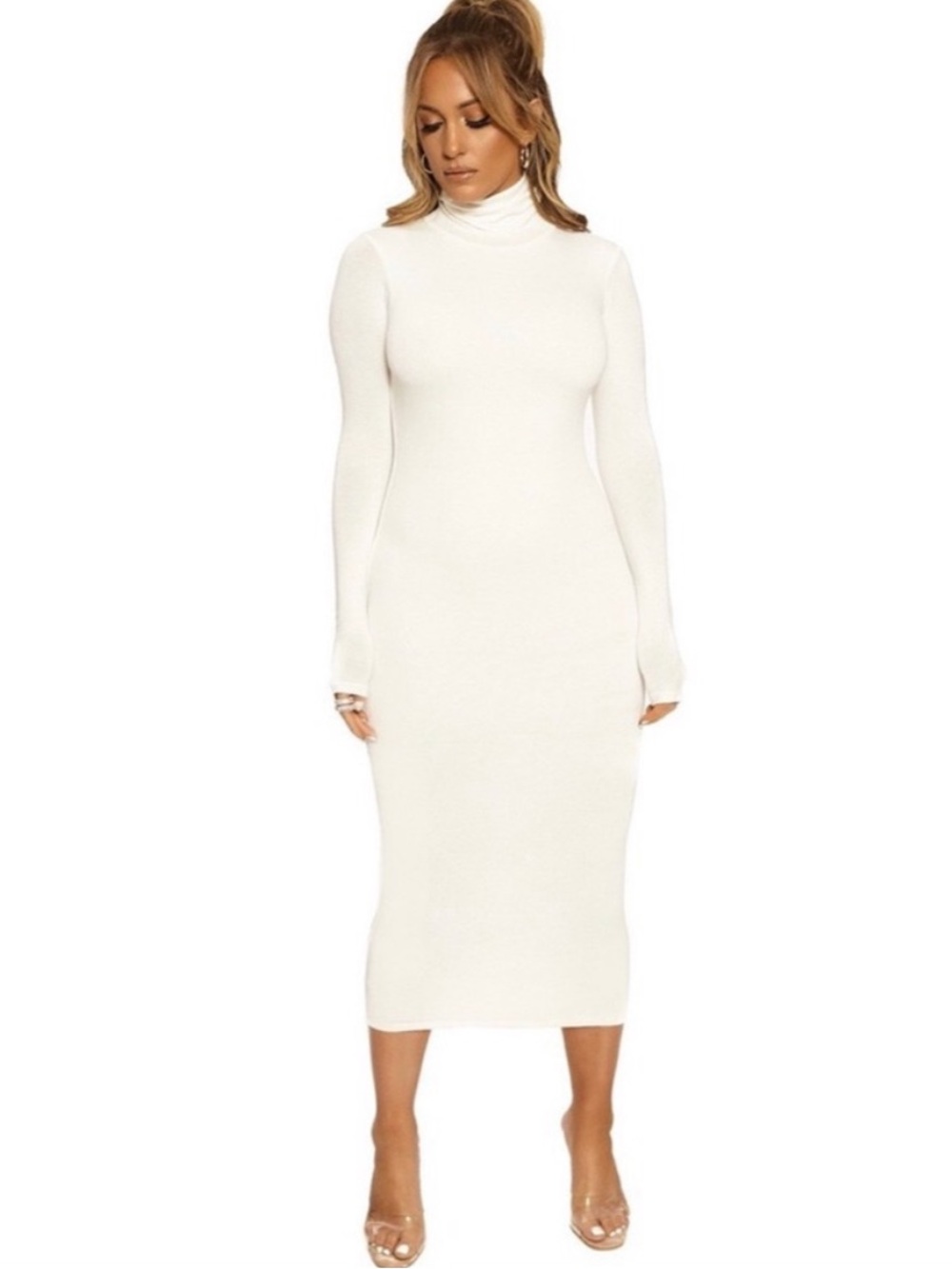 Naked Wardrobe || Turtleneck Midi Dress Long Sleeve Off White XS